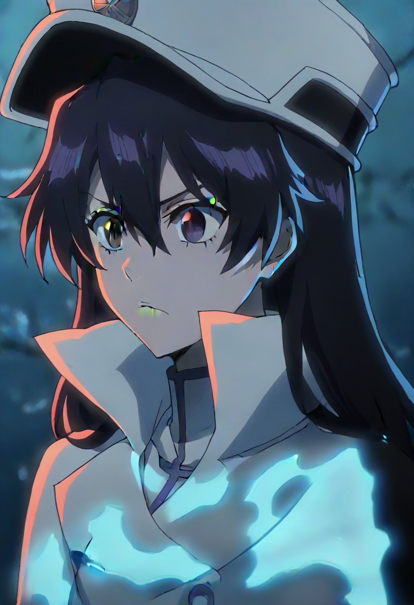 source_anime, anime screencap, anime coloring, nsfw, uncensored, <lora:Bambietta_Basterbine:1>Long hair, black hair, hair between eyes, dark purple eyes,, hat, peaked cap, white headwear, white gloves,