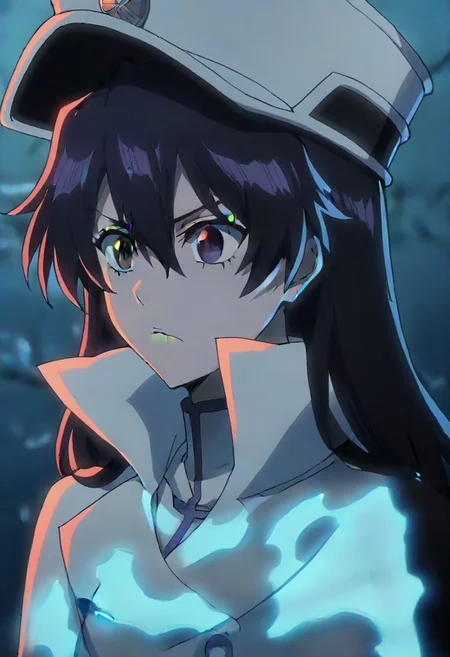 source_anime, anime screencap, anime coloring, nsfw, uncensored, <lora:Bambietta_Basterbine:1>Long hair, black hair, hair between eyes, dark purple eyes,, hat, peaked cap, white headwear, white gloves,