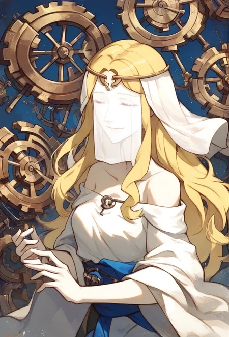 (score_9, score_8_up:1.1), score_7_up, masterpiece, perfect face, beautiful face, perfect hands, beautiful hands, <lora:Eileen_LOR:1>, EileenLOR, EileenChurch, 1girl, solo, long hair, smile, blonde hair, bare shoulders, closed mouth, closed eyes, tears, veil, gears, white robe, white face veil