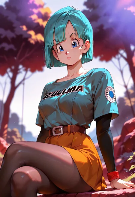 masterpiece, best quality, amazing quality, very aesthetic, absurdres,
bulma, aqua hair, blue eyes, 1girl, solo,
outfit_namek, short hair, blunt bangs, belt, black pantyhose, skirt,
sitting, crossed legs, squatting, looking at viewer, colorful, cinematic atmosphere, high contrast, blurry background, outdoors, trees