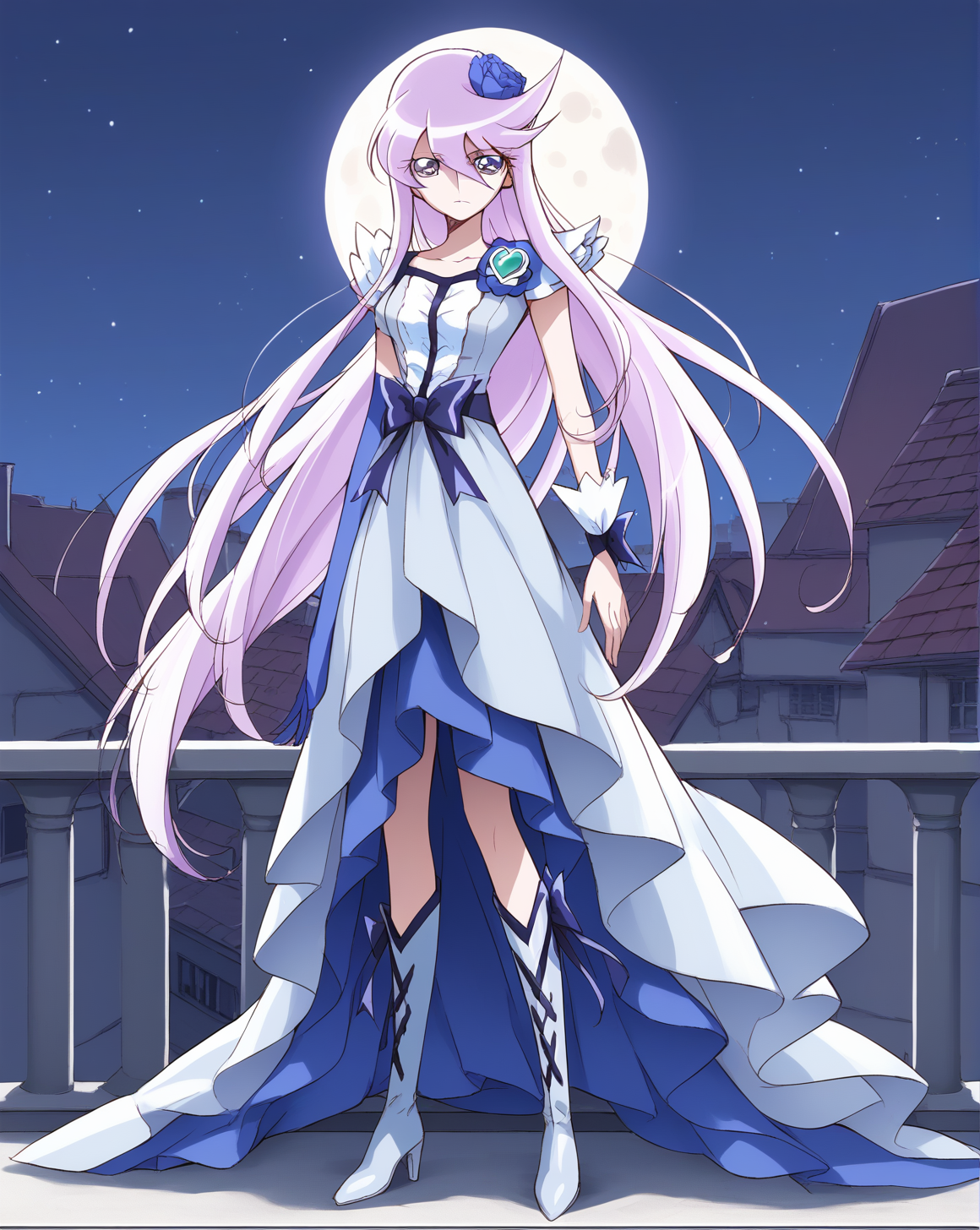 <lora:cure_moonlight:1>,cure moonlight,purple hair,long hair,medium breasts,
hair flower,brooch,single elbow glove,single wrist cuff,dress,waist bow,boots,
1girl,solo,
standing,full body,
rooftop,night,starry sky,moon,
expressionless,
BREAK, score_9,score_8_up,score_7_up,source_anime,best quality,masterpiece,uncensored,detailed eyes,<lora:add-detail-xl:0.7>