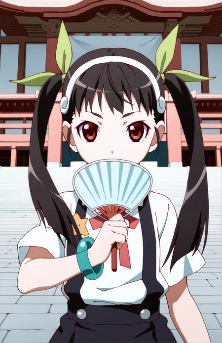 HachikujiMayoi. 1girl, solo, black hair, red eyes, twintails, hair band, green hairbow, white shirt, short sleeves, bracelet, suspenders, standing, front, portrait, looking at viewer, fan in hand, japanese temple,