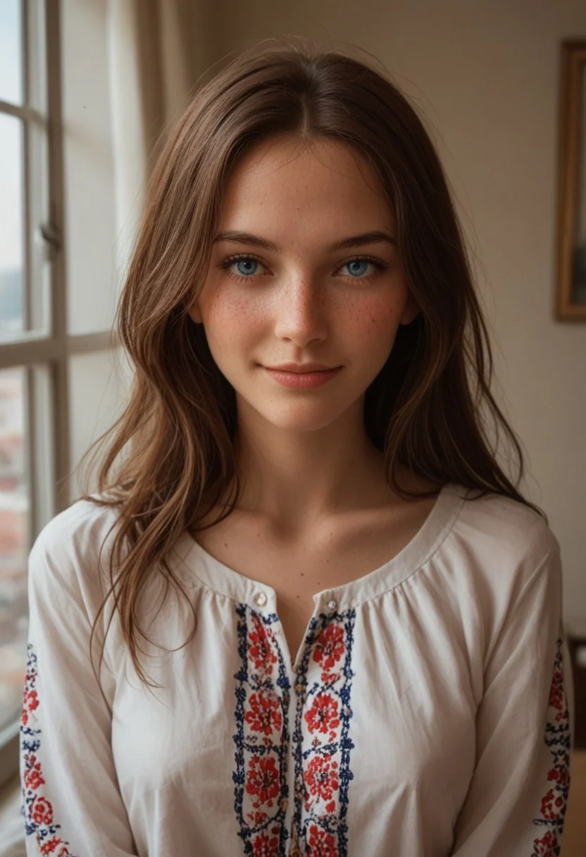 score_9, score_8_up, score_7_up, score_6_up, 
1girl, 25 years old, perfect face, adult, sexy, looking at viewer, 
blue eyes, freckles, 
ukrainian female, Vyshyvanka, Ukrainian embroidered shirt, embroidered shirt, modern bedroom, big windows, city view,
blush, shy smile, 
portrait, face focus, detailed face,