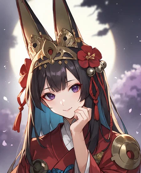 score_9,score_8_up,score_7_up,source_anime,rating_safe BREAK masterpiece,highres,best quality,high quality,dramatic angle,cinematic lighting,1girl,<lora:ShadowverseGinsetsu_Pony_V3:0.86>,black hair,animal ears,tassel,gold trim,headgear,hair ornament,hair flower,purple eyes,looking at viewer,hand on own cheek,mask,sleeves past wrists,long sleeves,red kimono,wide sleeves,white shirt,portrait,night,looking at viewer,happy,depth of field,close-up,hand up,