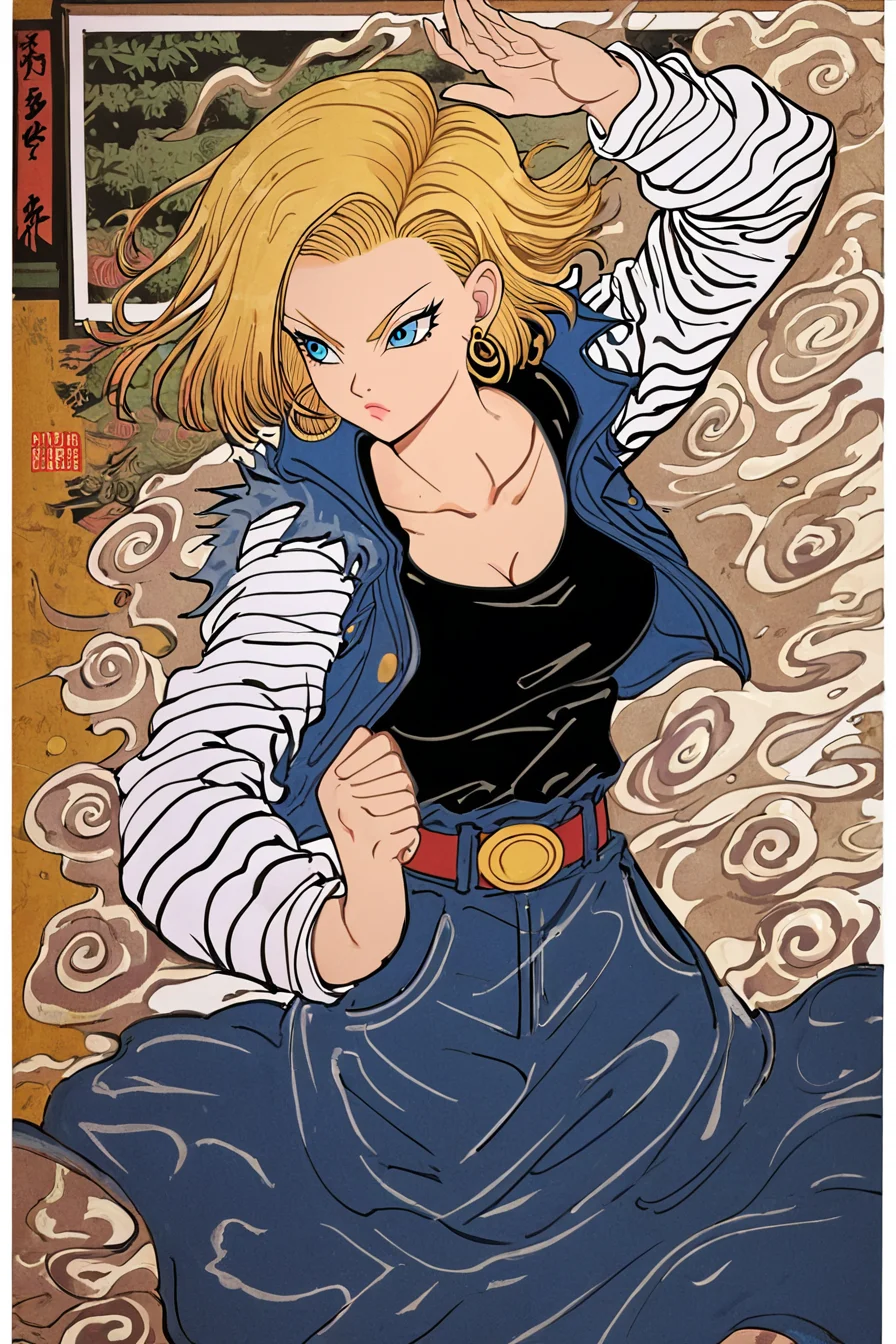 score_9, score_8_up, score_7_up, score_6_up, score_5_up, score_4_up, <lora:android-18-ponyxl-lora-nochekaiser:0.8> ,android 18, blonde hair, blue eyes, eyelashes, hoop earrings, short hair, earrings, belt, black legwear, black shirt, breast pocket, cleavage, collarbone, denim, denim skirt, high-waist skirt, jewelry, long sleeves, pocket, shirt, shirt tucked in, skirt, striped, striped sleeves, waistcoat, <lora:traditional_Japanese_art:1>, traditional japanese art, 1girl, solo, alone, fighting stance, masterpiece, highres