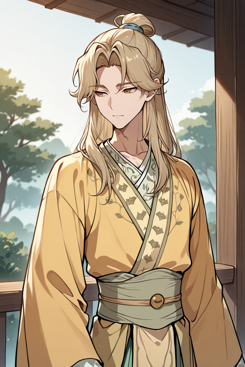 masterpiece, best quality,  (1boy:1.2), solo, bishounen
 <lora:KitsuneHanfuIllustriousV1:1> kitsunehanfu, yellow hanfu,