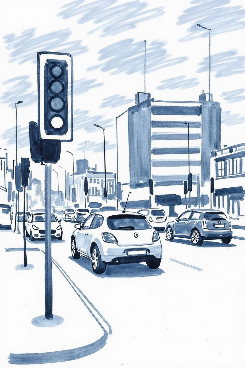 watercolor illustration.
The scene depicts a bustling urban street corner. In the foreground, there are several cars. There is a traffic light post on the left <lora:minink1_cap_d6a3e12:1.0><lora:825124910755117592:0>