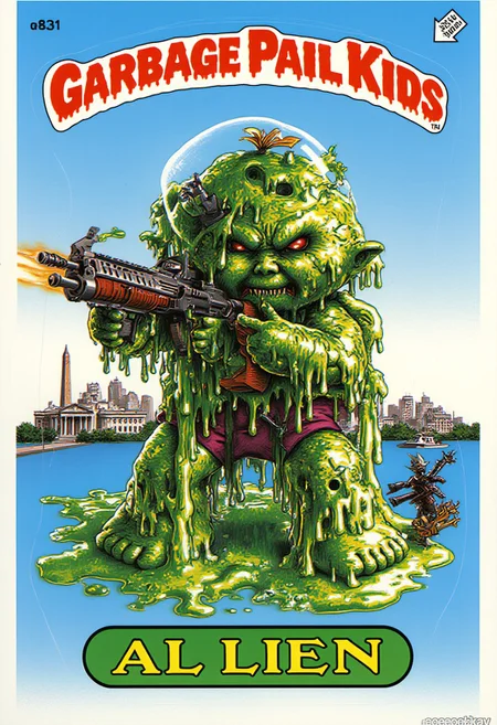 A cartoon picture of Garbage Pail Kids named "AL LIEN." He is depicted as a green skinned aliencharacter covered in gooey, green slime, with a space suit. His face has a mean, evil expression, and she is holding a raygun. The background features the Washington skyline. The words "GARBAGE PAIL KIDS" are written in red at the top. The words "AL LIEN" are written in bold, bright-green letters at the bottom of the image.