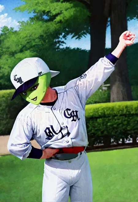 TheMask1024,smooth top of head,boy,solo,hands on hip, <lora:bulge:1.2>
,exercising in the park,so cute ,so sweet,realistic painting,clm, baseball uniform,