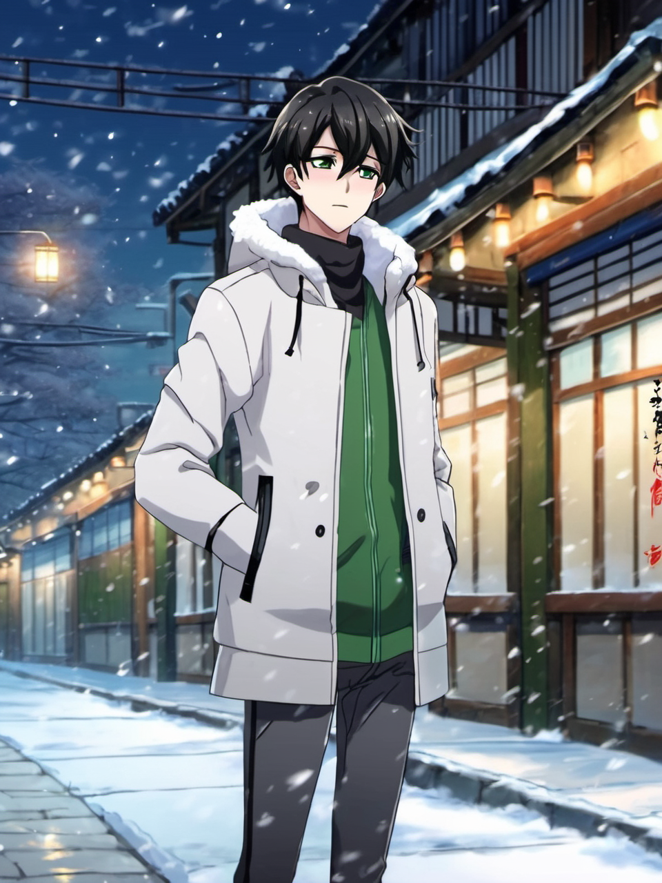 best quality, masterpiece, night, winter,((snow is falling)), <lora:Choi_Kang-rim_v1:0.8>, anime boy Choi Kang-rim, standing on the sidewalk during winter in Seoul, winter white jacket, black hair, green eyes, winter pants
