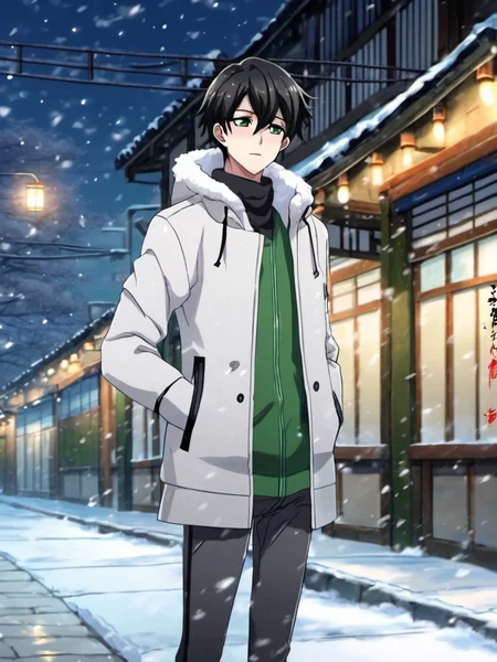 best quality, masterpiece, night, winter,((snow is falling)), <lora:Choi_Kang-rim_v1:0.8>, anime boy Choi Kang-rim, standing on the sidewalk during winter in Seoul, winter white jacket, black hair, green eyes, winter pants