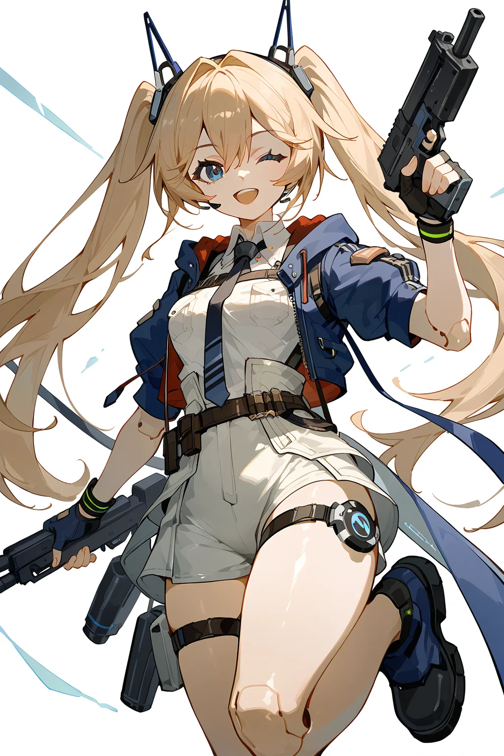 (score_9,score_8_up,score_7_up),<lora:Michele(kalabiqiu)-v1:1>,Michele(kalabiqiu),1girl,one eye closed,weapon,gloves,gun,blue eyes,long hair,twintails,solo,jacket,smile,white background,holding,shirt,blue jacket,holding weapon,white shirt,simple background,necktie,boots,holding gun,open mouth,fingerless gloves,black gloves,short sleeves,;d,open jacket,very long hair,open clothes,shorts,looking at viewer,breasts,black footwear,blonde hair,bangs,cropped jacket,thigh strap,collared shirt,hair between eyes,standing on one leg,belt,upper teeth only,black necktie,light brown hair,white shorts,medium breasts,pouch,standing,leg up,robot,teeth,trigger discipline,
good feet,anime,NSFW,expressive,amazing quality,ultra hd 32k,
