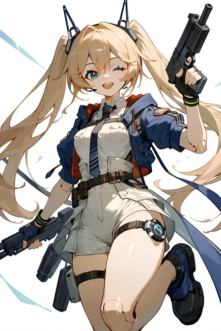 (score_9,score_8_up,score_7_up),<lora:Michele(kalabiqiu)-v1:1>,Michele(kalabiqiu),1girl,one eye closed,weapon,gloves,gun,blue eyes,long hair,twintails,solo,jacket,smile,white background,holding,shirt,blue jacket,holding weapon,white shirt,simple background,necktie,boots,holding gun,open mouth,fingerless gloves,black gloves,short sleeves,;d,open jacket,very long hair,open clothes,shorts,looking at viewer,breasts,black footwear,blonde hair,bangs,cropped jacket,thigh strap,collared shirt,hair between eyes,standing on one leg,belt,upper teeth only,black necktie,light brown hair,white shorts,medium breasts,pouch,standing,leg up,robot,teeth,trigger discipline,
good feet,anime,NSFW,expressive,amazing quality,ultra hd 32k,