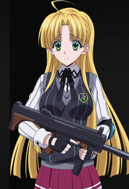 masterpiece, best quality, amazing quality, very aesthetic, 1girl, asia argento, long hair, blonde hair, green eyes, parted bangs, ahoge, mature female, medium breasts, anime screencap,, skirt, shirt, long sleeves, ribbon, school uniform, pleated skirt, vest, red skirt, sweater vest, science fiction, hightech, tactical vest, visor, fingerless gloves, weapon, gun, tmmygn, tommy gun, submachinegun, elbow pads, firing from the hip,