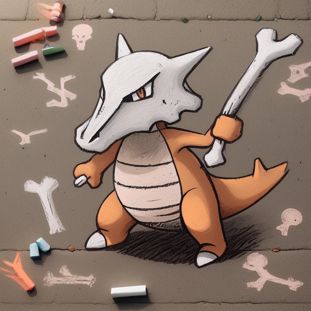 ch4lkdr4wing, chalk, 1girl, marowak, holding a bone, throwing bone, skull
