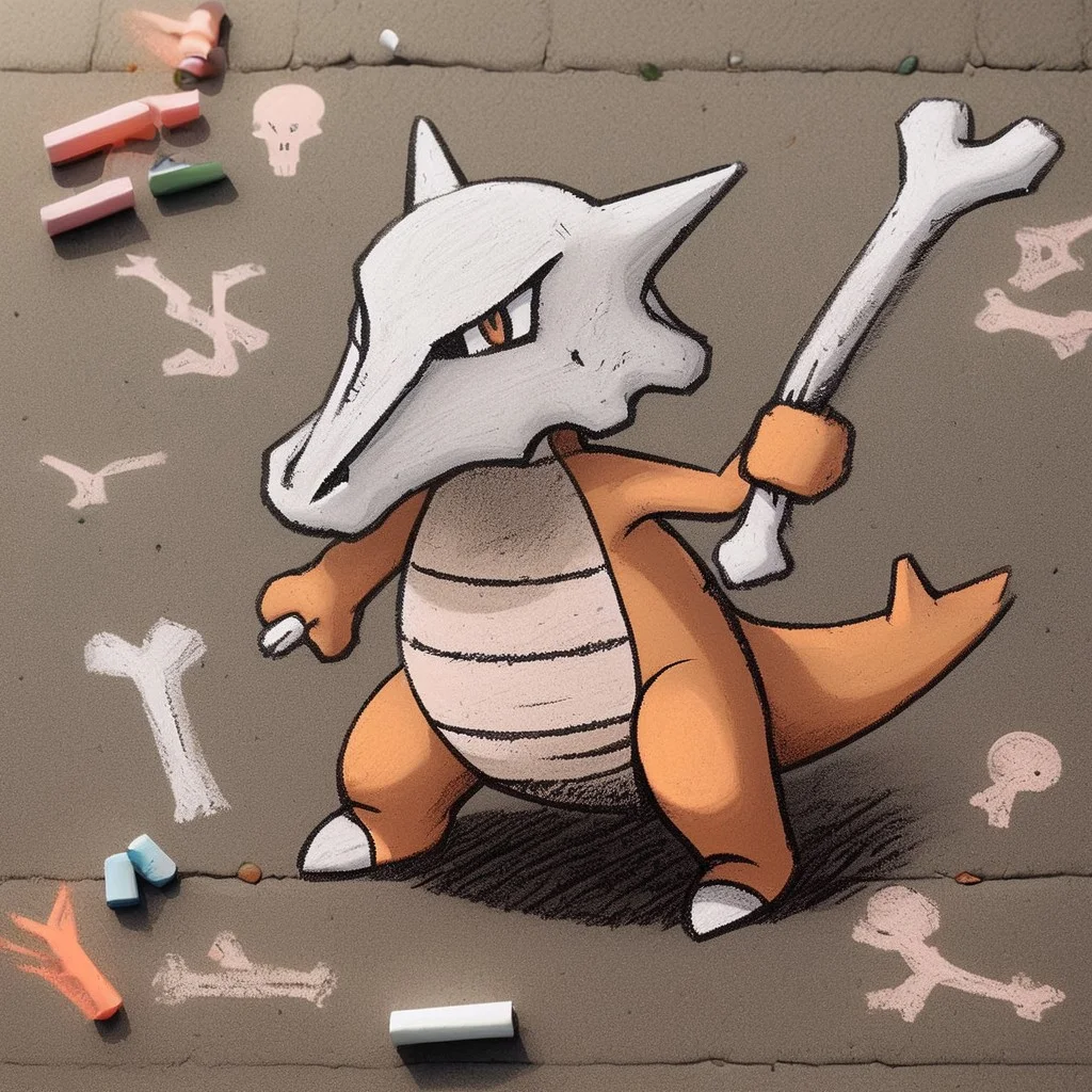 ch4lkdr4wing, chalk, 1girl, marowak, holding a bone, throwing bone, skull