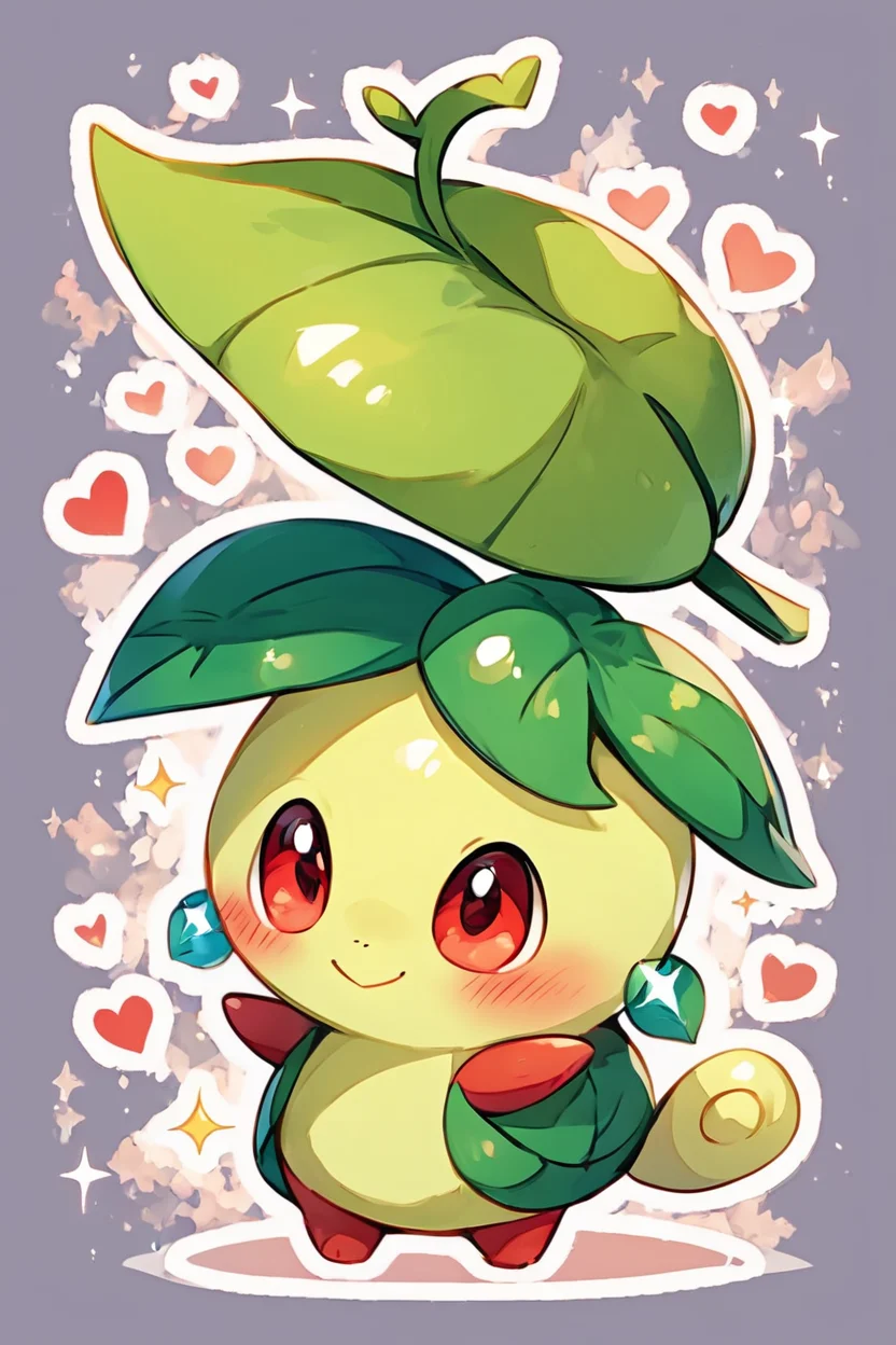 score_9, score_8_up, score_8, BREAK, solo, blush, smile, red eyes, closed mouth, standing, full body, heart, pokemon (creature), no humans, sparkle, :3, leaf, animal focus, chikorita, abstract background, white outline, <lora:KawaiiKritterPDXL:0.8>, <lora:SDXLFaeTastic2400:0.5>, <lora:Expressive_H-000001:0.4>,