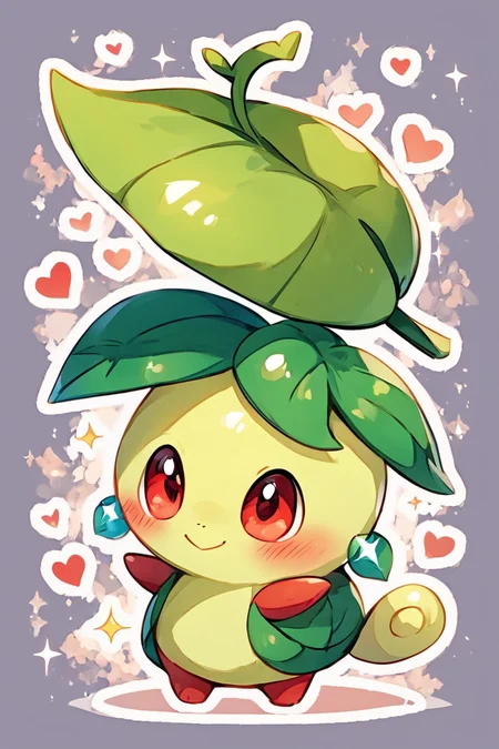 score_9, score_8_up, score_8, BREAK, solo, blush, smile, red eyes, closed mouth, standing, full body, heart, pokemon (creature), no humans, sparkle, :3, leaf, animal focus, chikorita, abstract background, white outline, <lora:KawaiiKritterPDXL:0.8>, <lora:SDXLFaeTastic2400:0.5>, <lora:Expressive_H-000001:0.4>,
