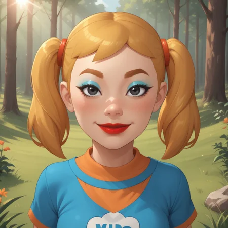 score_9, score_8, BREAK, solo, mii, wii, wii sports, 1girl, female mii, cute, attractive, blonde hair, twintails, dark blonde eyebrows, makeup, blush, blue eyeshadow, red lips, lipstick, orange clothing, white pants, breasts, Nintendo Mii, modern_mii, classic_mii, Midoriya_(OC_Mii), black eyes sexy pose, smile, outdoors, sunlight, shadows, evening lighting, natural lighting, forest, trees, grass, orange sky, sunset