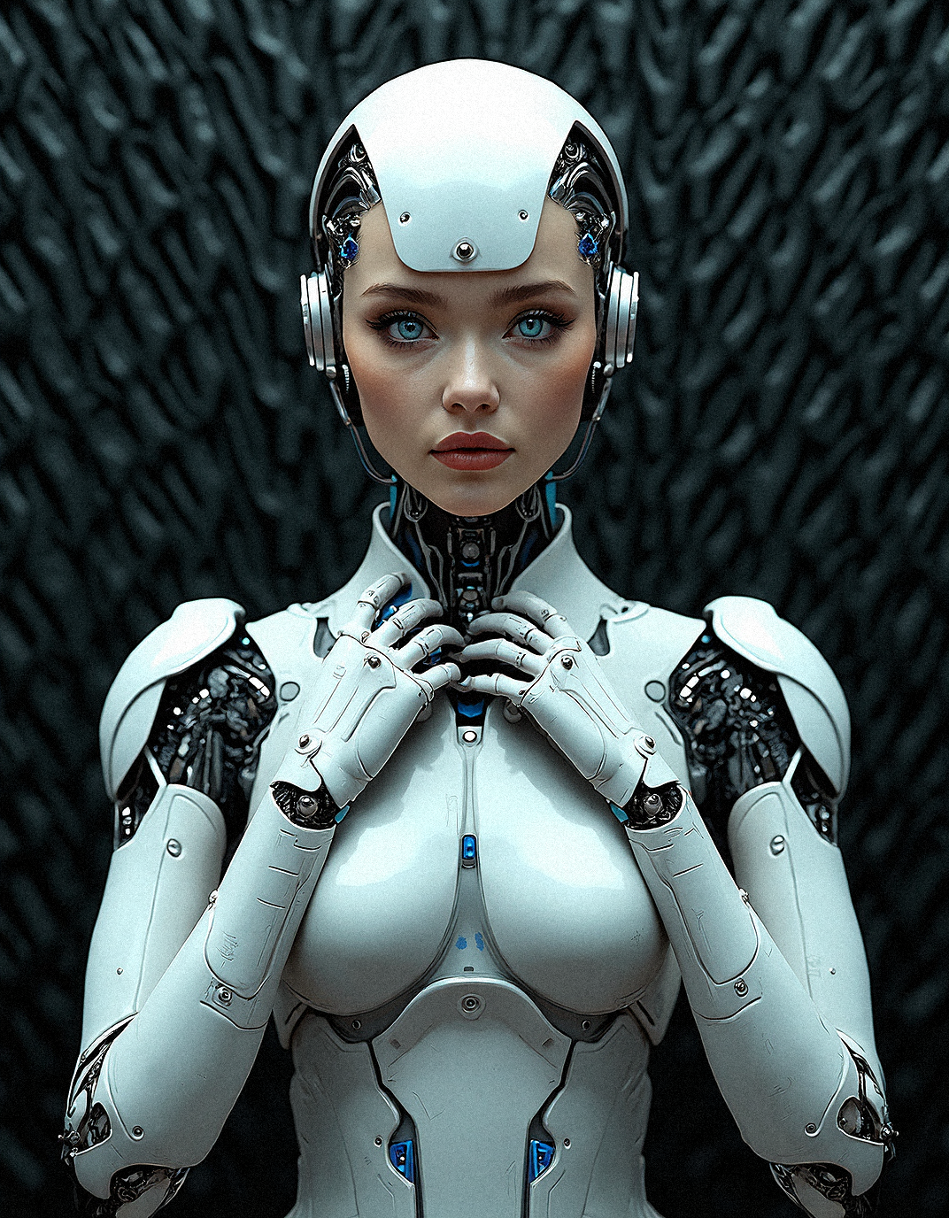 Imagine a female android with a strikingly detailed face, adorned with intricate cybernetic enhancements that include silver and blue metal plating and fine wiring. Her skin is smooth and natural, contrasting sharply with the complex mechanical components that integrate seamlessly with her features. Her eyes, shaded with a metallic blue, exude an almost human warmth, suggesting intelligence and purpose. The background showcases a textured black surface with wave-like patterns, resembling advanced material that is both flexible and durable. This texture extends into her armor, creating a continuous blend between her and the environment. The lighting is soft yet precise, capturing the sheen of the metal and the softness of her skin, creating a photorealistic effect that highlights the potential for a harmonious fusion of humanity and technology. This image embodies the futuristic concept of transhumanism, where artificial enhancements elevate human abilities while maintaining their beauty and elegance.

standing With both hands resting on her collar, as if adjusting the sweater, with a warm expression.
