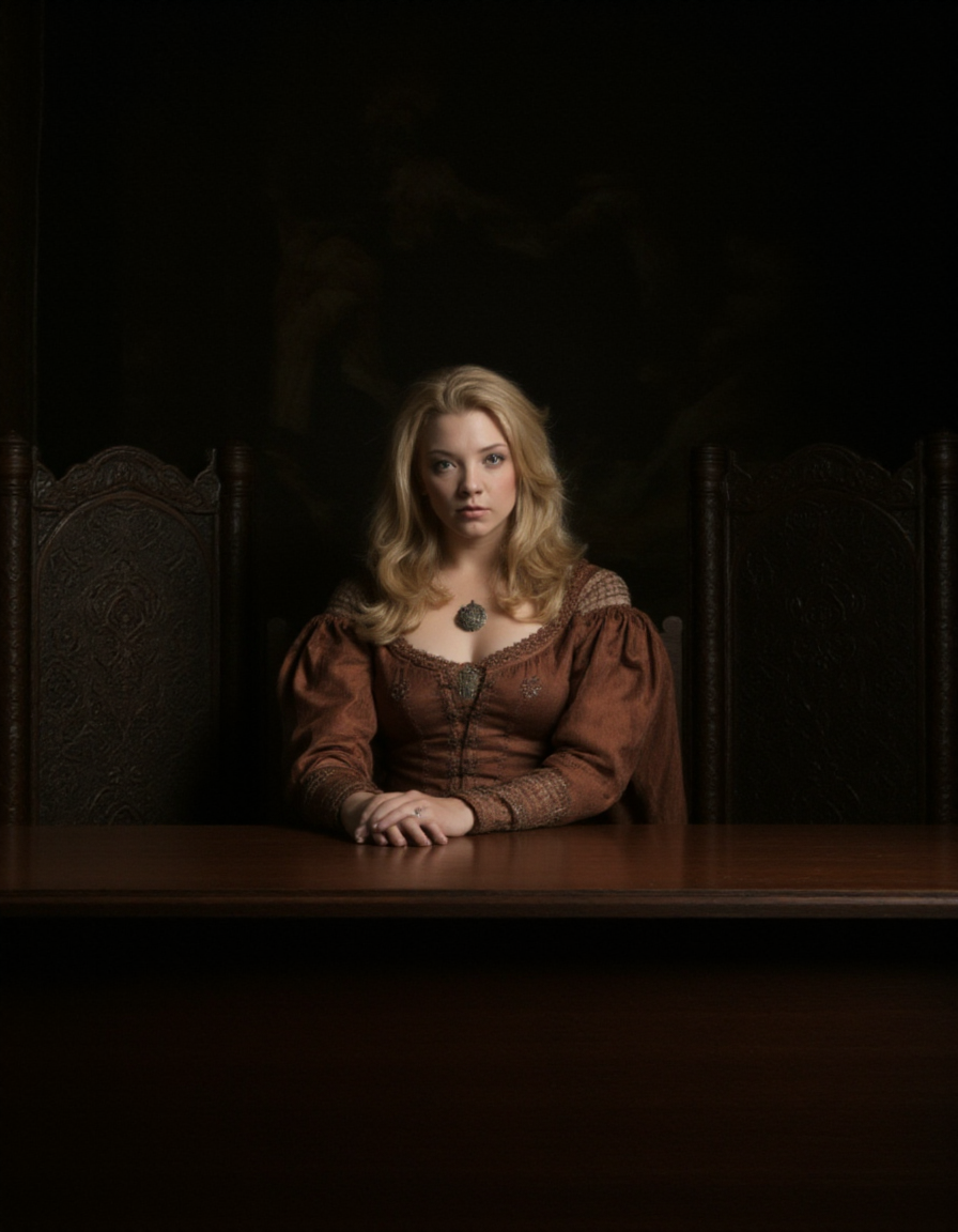 This image is a photograph from a historical drama, likely depicting a medieval or Renaissance-era setting. The central figure is a woman with long, wavy, golden blonde hair cascading down her back and shoulders. She is seated at a large, ornate wooden table, which has a polished, dark finish and intricate carvings along the edges. The woman is dressed in a rich, rust-colored gown with intricate embroidery on the sleeves and neckline, indicating her status and wealth. She wears a simple necklace with a pendant, and her expression is contemplative and serious.
The background is dimly lit, enhancing the dramatic and somber atmosphere. The walls are adorned with dark, heavy tapestries featuring intricate designs, likely depicting scenes from ancient legends or historical events. The furniture, including the ornate chairs flanking the table, is made of dark wood and features elaborate carvings and metal accents, adding to the regal and imposing ambiance of the room. The overall color palette is muted, with earthy tones of brown, gold, and deep red, emphasizing the historical and serious nature of the scene. The lighting is soft and diffused, creating a warm, intimate feel despite the grandeur of the setting.
 <lora:lqstyle_r15:0.7>, , <lora:The_Body_V3:1>  <lora:Natalie_Dormer_FLUX_v1_r1:1>