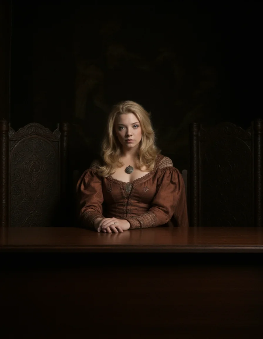 This image is a photograph from a historical drama, likely depicting a medieval or Renaissance-era setting. The central figure is a woman with long, wavy, golden blonde hair cascading down her back and shoulders. She is seated at a large, ornate wooden table, which has a polished, dark finish and intricate carvings along the edges. The woman is dressed in a rich, rust-colored gown with intricate embroidery on the sleeves and neckline, indicating her status and wealth. She wears a simple necklace with a pendant, and her expression is contemplative and serious.
The background is dimly lit, enhancing the dramatic and somber atmosphere. The walls are adorned with dark, heavy tapestries featuring intricate designs, likely depicting scenes from ancient legends or historical events. The furniture, including the ornate chairs flanking the table, is made of dark wood and features elaborate carvings and metal accents, adding to the regal and imposing ambiance of the room. The overall color palette is muted, with earthy tones of brown, gold, and deep red, emphasizing the historical and serious nature of the scene. The lighting is soft and diffused, creating a warm, intimate feel despite the grandeur of the setting.
<lora:lqstyle_r15:0.7>, , <lora:The_Body_V3:1> <lora:Natalie_Dormer_FLUX_v1_r1:1>