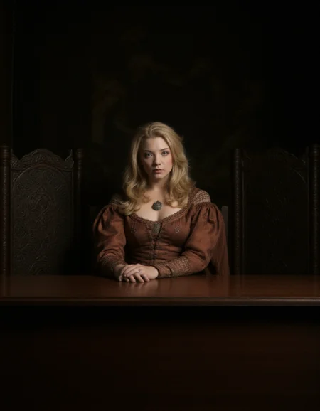 This image is a photograph from a historical drama, likely depicting a medieval or Renaissance-era setting. The central figure is a woman with long, wavy, golden blonde hair cascading down her back and shoulders. She is seated at a large, ornate wooden table, which has a polished, dark finish and intricate carvings along the edges. The woman is dressed in a rich, rust-colored gown with intricate embroidery on the sleeves and neckline, indicating her status and wealth. She wears a simple necklace with a pendant, and her expression is contemplative and serious.
The background is dimly lit, enhancing the dramatic and somber atmosphere. The walls are adorned with dark, heavy tapestries featuring intricate designs, likely depicting scenes from ancient legends or historical events. The furniture, including the ornate chairs flanking the table, is made of dark wood and features elaborate carvings and metal accents, adding to the regal and imposing ambiance of the room. The overall color palette is muted, with earthy tones of brown, gold, and deep red, emphasizing the historical and serious nature of the scene. The lighting is soft and diffused, creating a warm, intimate feel despite the grandeur of the setting.
<lora:lqstyle_r15:0.7>, , <lora:The_Body_V3:1> <lora:Natalie_Dormer_FLUX_v1_r1:1>
