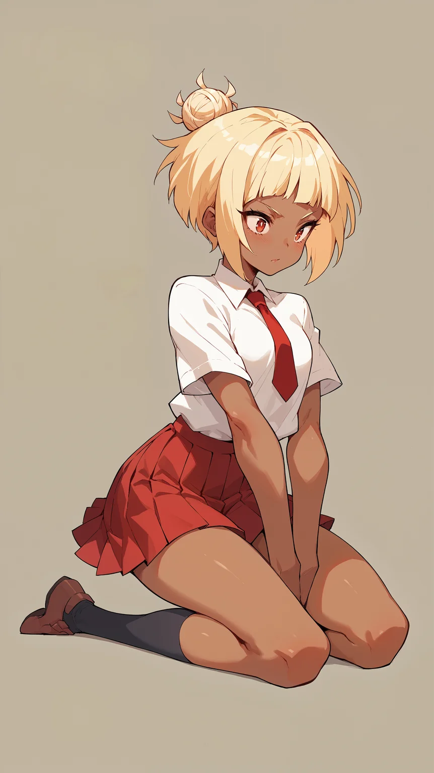score_9,score_8_up,score_7_up,score_6_up, source_anime, girl, dynamic pose, fetal position, <lora:Crestyle_epoch_9:0.7>, crestyle, artstyle, dark skin, blonde hair, short hair, hair bun, petite, white shirt, red necktie, red pleated skirt, simple background,