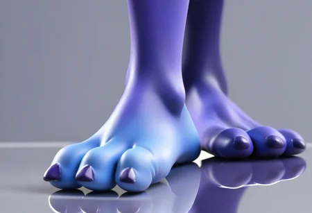tox_lowkey, barefoot, purple feet, blue soles, 3 toes, standing, foot focus, close-up