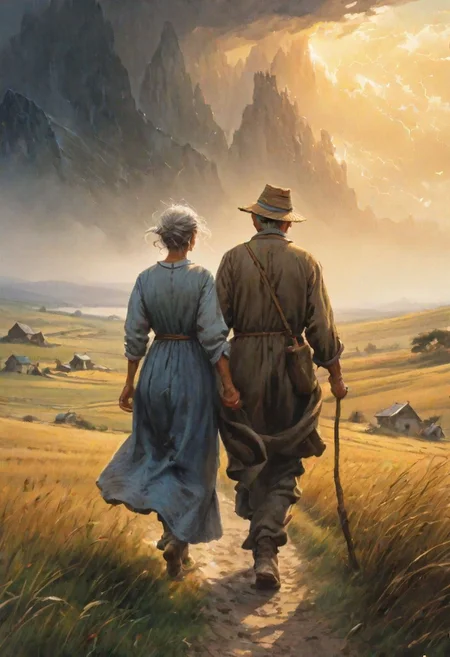 Masterpiece, closeup, hd, 8K, Fantasy art, award winning drawing of a old male farmer and a old female farmer in a windy landscape helping each other walking, rugged clothes romantic, storm in background, back view, intricate details,