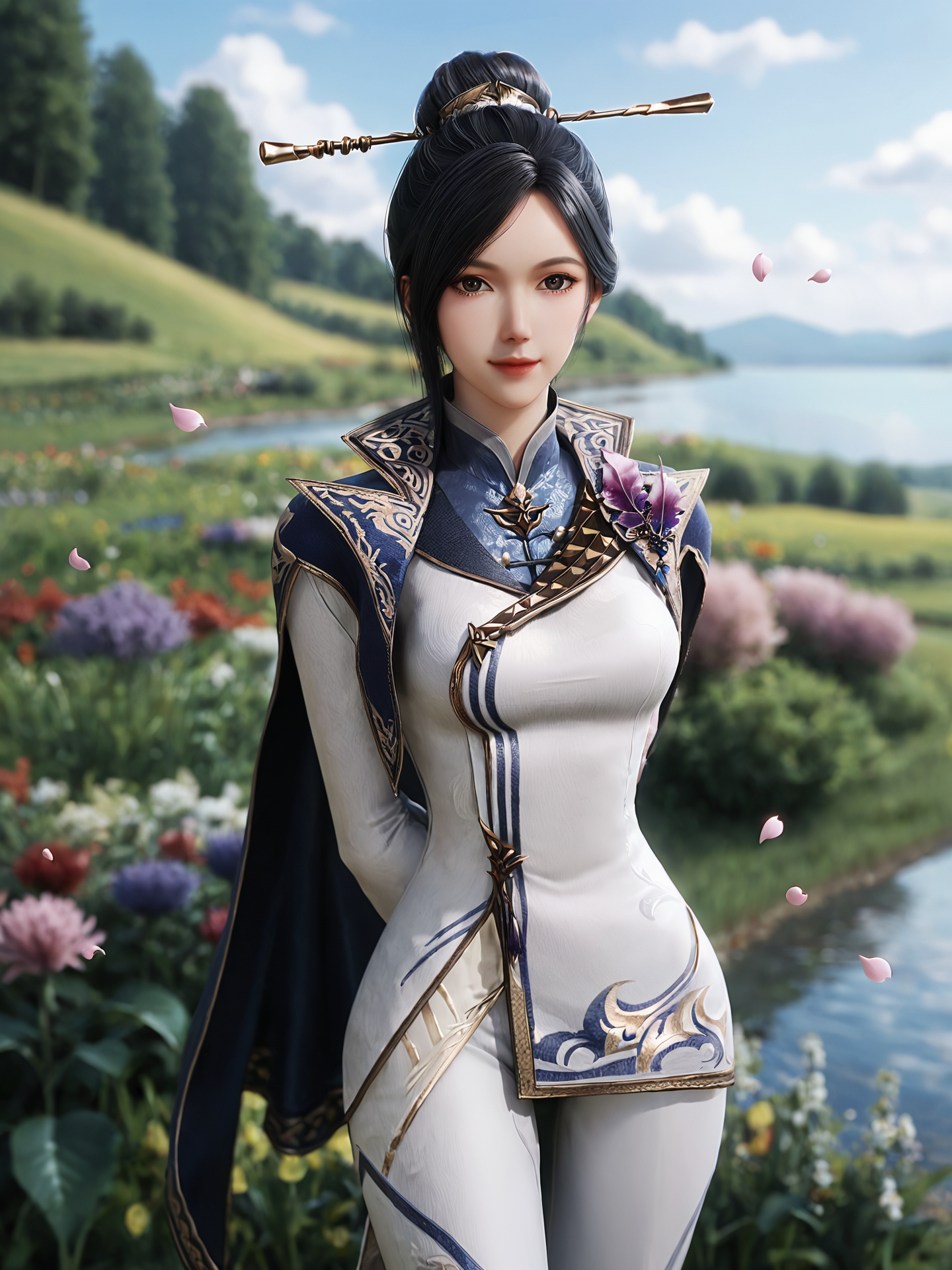 score_9_up,score_8_up,score_7_up,(cowboy shot),(looking at viewer),arms behind back,1girl,solo focus,light smile,single hair bun,hair ornament,hair pins,hair stick,high collar chinese clothes,blue cape,white pants,outdoors,day,sky,river,flower field,garden,(falling petals),falling petals,soft_focus,blurry background,depth of field,foreshortening,<lora:æç½å¤§é2-å¨æ¼ªãPonyã:0.85>,<lora:ç¼é¨ç»èå¢å¼ºãPonyã:0.65>,<lora:Stable_Yogis_PDXL_Positives:1>,