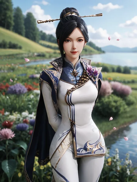 score_9_up,score_8_up,score_7_up,(cowboy shot),(looking at viewer),arms behind back,1girl,solo focus,light smile,single hair bun,hair ornament,hair pins,hair stick,high collar chinese clothes,blue cape,white pants,outdoors,day,sky,river,flower field,garden,(falling petals),falling petals,soft_focus,blurry background,depth of field,foreshortening,<lora:æç½å¤§é2-å¨æ¼ªãPonyã:0.85>,<lora:ç¼é¨ç»èå¢å¼ºãPonyã:0.65>,<lora:Stable_Yogis_PDXL_Positives:1>,