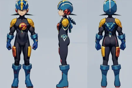 (masterpiece, official art, simple background, full body, standing, chara-sheet), best quality, megaman, (dark blue boots), (red headwear, dark blue helmet with yellow stripe), (indigo bodysuit with yellow), covered collarbone, yellow pauldron, (dark blue gloves), (green eyes), (red circular chest piece), muscular, large pectorals, thick thighs