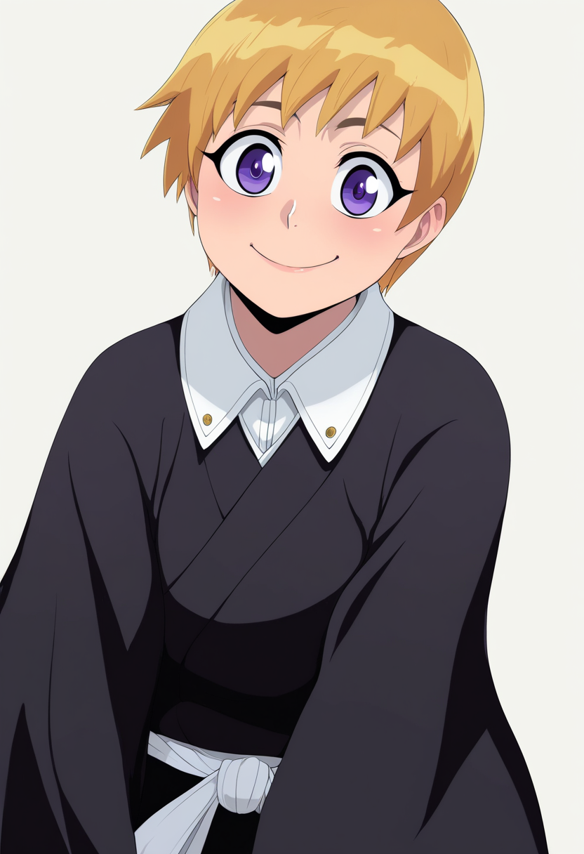 best quality, amazing quality, very aesthetic, absurdres,
1girl, kiyonekotetsu, short hair, purple eyes, blonde hair,
black kimono, japanese clothes, collared shirt,
upper body, standing,
smile, solo, looking at viewer, simple background, white background,   <lora:KiyoneKotetsuNoobXL_byKonan:1>