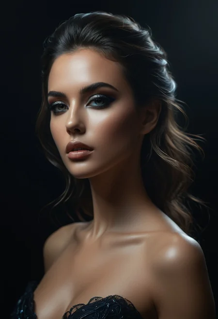 female (incredibly beautiful, luxurious, sexy) portrait, beautiful makeup, black background, side soft light, highly detailed, melancholic, soft light hyper clean photography. highly detailed and hyper realistic photo, by Alena Aenami , by Archibald Thorburn , by Daniele Afferni , limited dark palette, unusual dark colors, faded colors, atmospheric haze, highly dramatic cinematic lighting, motion blur, film grain, professional, excellent composition, finest details, maximized details, ultimate detail level, masterpiece, best quality