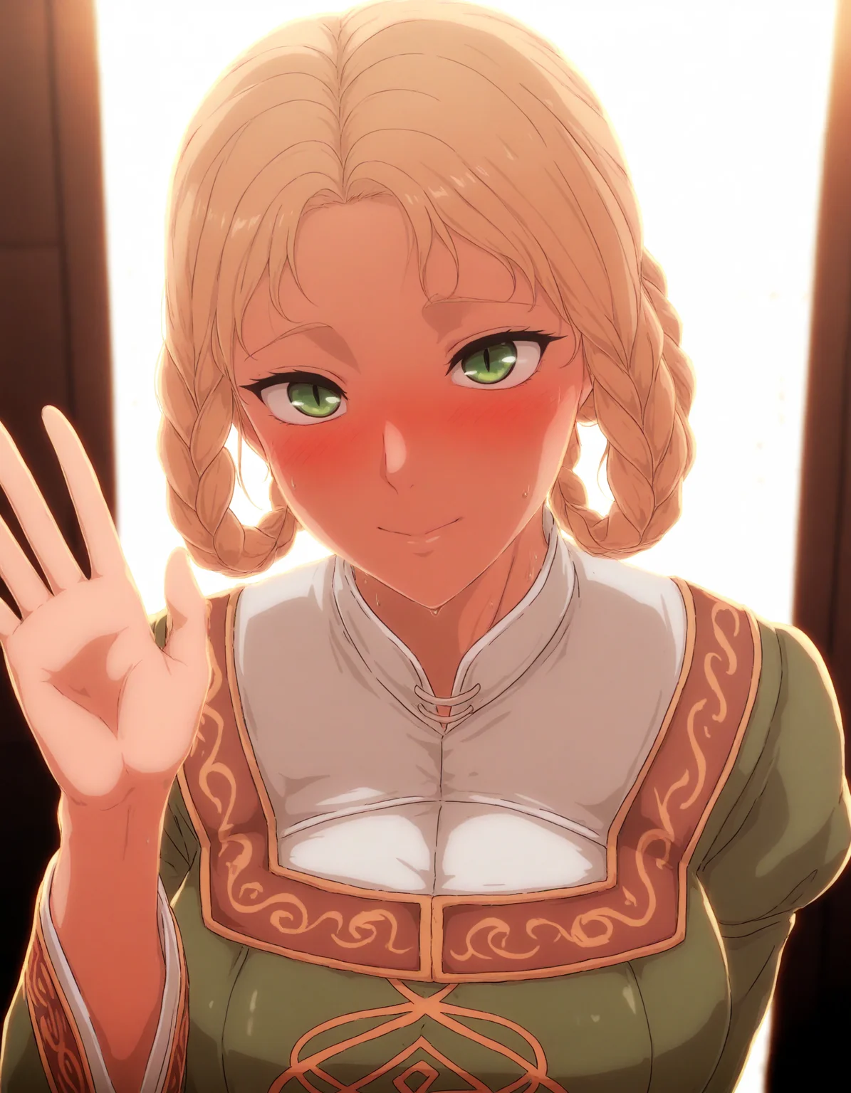 1girl, busty
portrait, backlighting, shiny skin, waving, happy, face blush, 
light smile,
BREAK
<lora:Ryapred:0.8> zorayas,  twin braids, braid loops, slit pupils,
blonde hair, green eyes
rya dress,  long sleeves,
green dress, white underdress, 
BREAK
(masterpiece, best quality:1.2), absurdres, highres, <lora:theobrobineILLUS:1> theobrobine