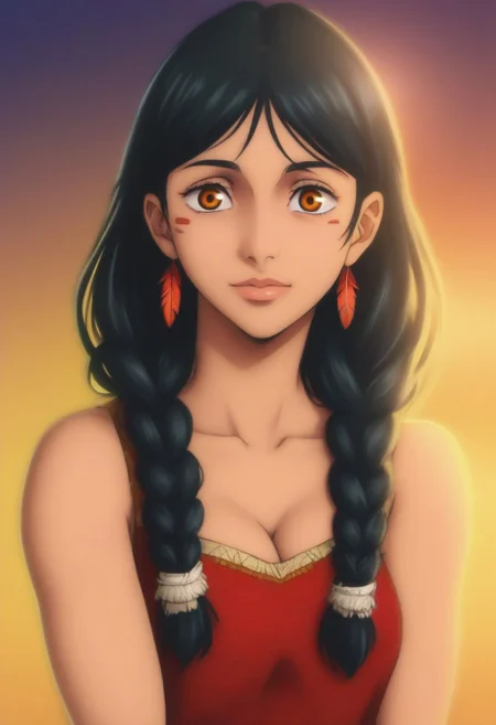 score_9, score_8_up, score_7_up, source_anime, intricate details, anime screencap, perfect balance, official art, extremely detailed CG unity 8k wallpaper, perfect lighting, Colorful, Warm_Front_face_Lighting, (masterpiece:1.0),(best_quality:1.0), ultra high res,4K,ultra-detailed, photography, 8K, HDR, highres, absurdres:1.2, Kodak portra 400, blurry background, bokeh, lens flare, (Anime) (vibrant_color:1.2), professional photograph, night, (cute_face:1.2), 2d, anime, upper body, intricate iris, American, Professional character design, 1girl, female focus, (Orange eyes), perfect eyes, (black-hair), Native American, Indigenous, American Indian, youthful, solo, jujutsu_kaisen_style, character portrait, (perfect-lighting), face, young, (Dark-black-hair), Long hair, (Native American), Indigenous, American Indian, (((wild eyes))), (Native North American), (Upturned eyes), (high cheekbones), (strong jawline), (Black Hair), ((((Native-American-Eagle-feather-braids, Native American Eagle feather accessories)))), (((wild eyes))) ((Bobbed Bangs)) (((Slanted-Eyes))) (Psycho) (Happy) (Inuit Clothing), (Sleeveless Parka) (Warpaint), (Redwood Forest, Pacific Northwest Forests), (Inuit), (Tan skin), (Dark Skin), (Brown skin), (bobbed hair), White Eagle-Feather-Earrings, Thick Bangs, Bobbed hair, Bob-cut, White-Feather-Earrings, Brown-skin, Inuit Face-paint, Full-Bangs, Wide-Bangs, Thick-Hair, Native Face-paint, cleavage, Psycho, Yandere, big irises, Big eyes