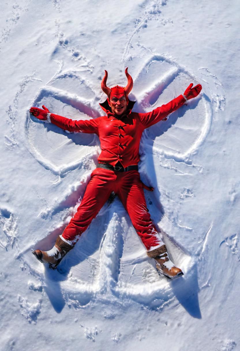 A ((devil)) lying on the snow, moving legs and arms, (((making snow angel))),  aerial view, looking at viewer
<lora:add-detail-xl:1> <lora:xl_more_art-full_v1:0.5> <lora:looking_at_viewer:2>