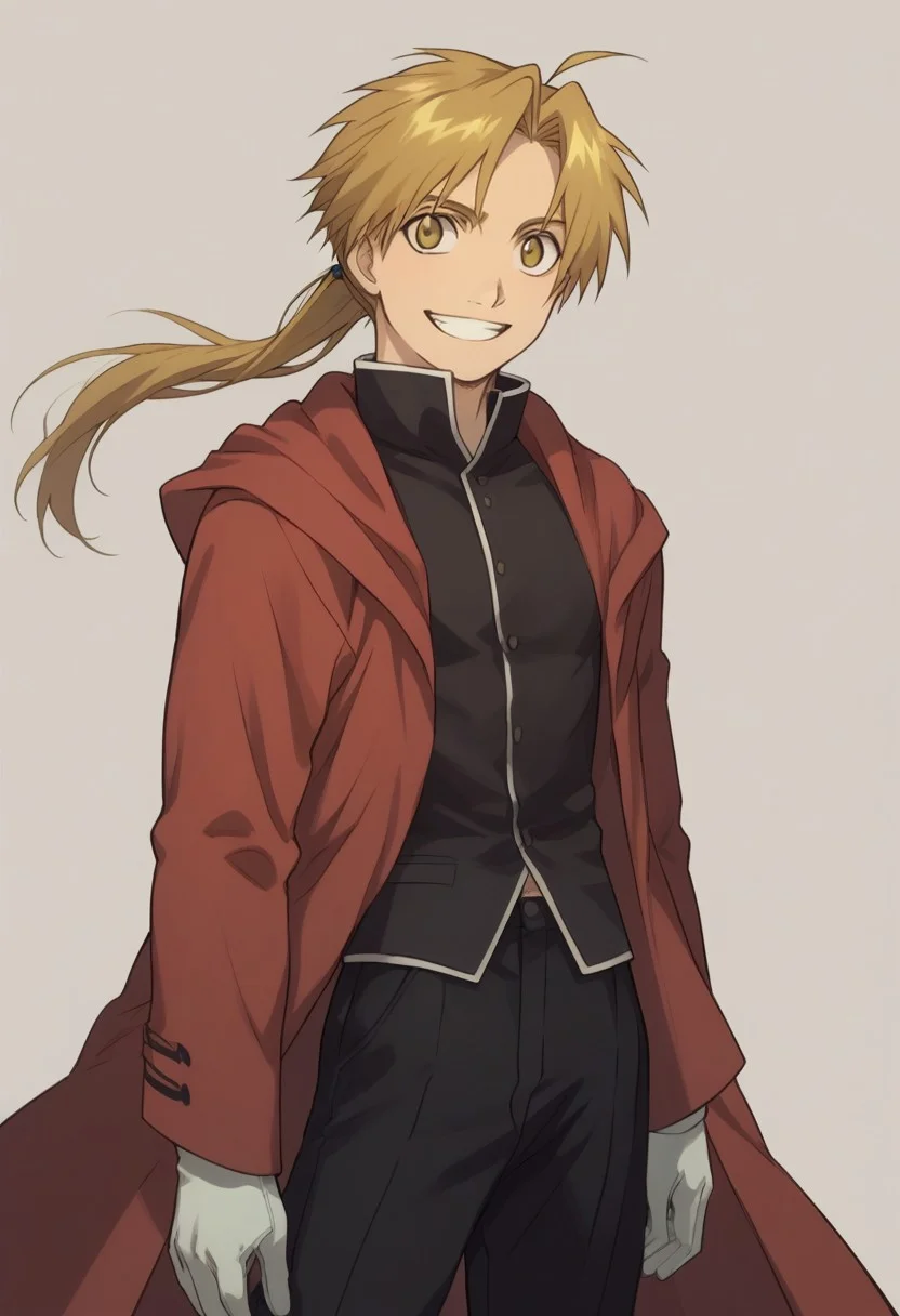 score_9, score_8_up, score_7_up, source_anime, highly detailed,
alphonseelric, solo, gloves, 1boy, blonde hair, male focus, smile, yellow eyes, grin, long hair, ahoge, ponytail, coat, red coat, hood, shirt, black shirt, black pants, slender, skinny,
