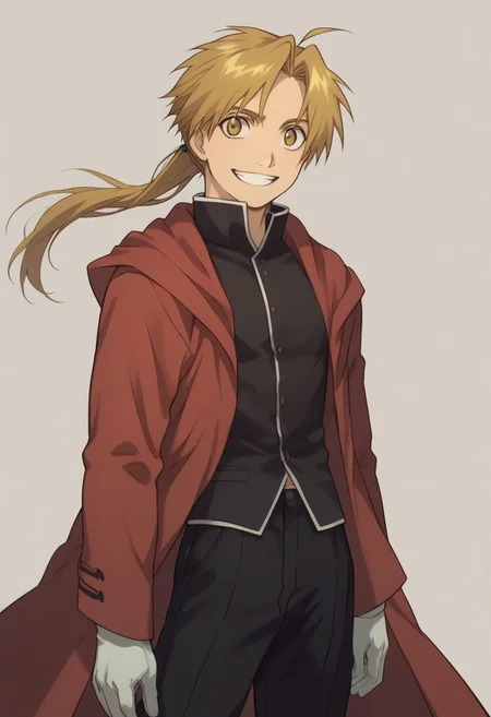 score_9, score_8_up, score_7_up, source_anime, highly detailed,
alphonseelric, solo, gloves, 1boy, blonde hair, male focus, smile, yellow eyes, grin, long hair, ahoge, ponytail, coat, red coat, hood, shirt, black shirt, black pants, slender, skinny,