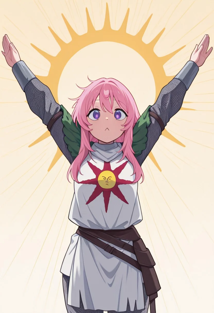masterpiece, best quality, newest, absurdres, highres, anime, anime style, CivChan, pink hair, purple eyes, PraiseTS-V1.0, \o/, outstretched arms, praise the sun, arms up, SOA-ARMOR-V1.0, armor, sun symbol, chainmail, full armor,