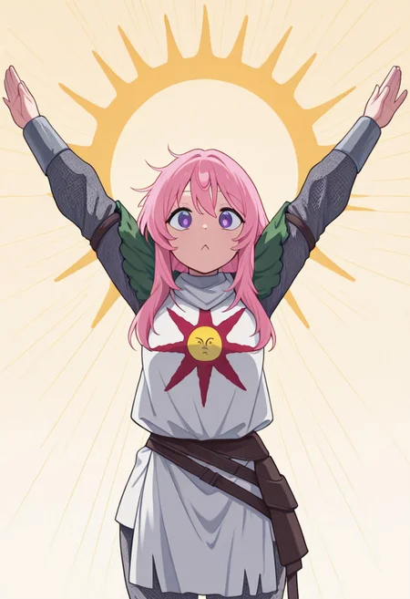 masterpiece, best quality, newest, absurdres, highres, anime, anime style, CivChan, pink hair, purple eyes, PraiseTS-V1.0, \o/, outstretched arms, praise the sun, arms up, SOA-ARMOR-V1.0, armor, sun symbol, chainmail, full armor,