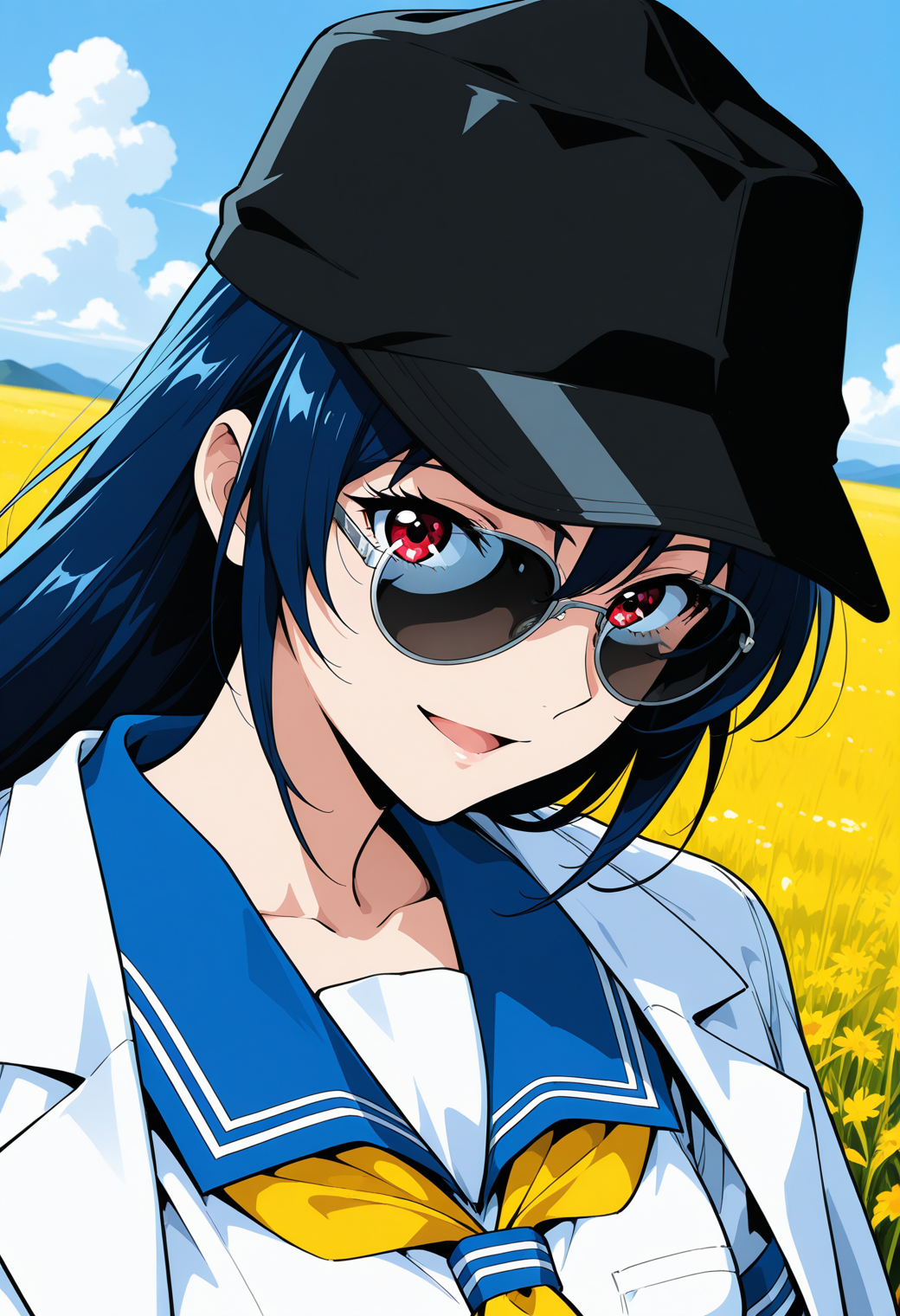 ougigaya_tetsuko, red eyes, blue hair, long hair, sunglasses, black cap, BLEAK jacket on shoulders, lab coat, school uniform, serafuku, blue sailor collar, yellow neckerchief, short sleeves,<lora:asuka120_ougigaya_tetsuko_illustrious_ver1:0.8> 
smile,, masterpiece, best quality, sensitive,, 1girl, solo, (field:1.2), (blue sky:1.2), looking at viewer,, (upper body:1.2), (close-up:1.2), (facing viewer:1.2), (open eyes:1.4), (portrait:1.2)