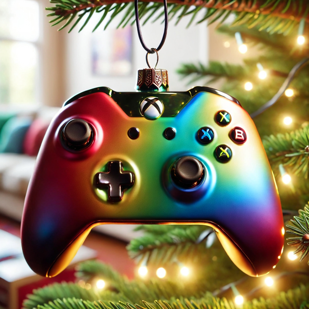 pambauble a rainbow colored xbox controler, living room background