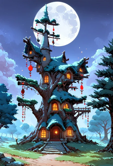 score_9, score_8_up, score_7_up, masterpiece, landscape, old forest, gnarled trees, grass, ancient houses, dilapidated buildings, shacks, witch houses, buildings, epiCPhoto, long shadows, eerie, moon, bleeding moon,dancing house, house on chicken legs, old tree, wide tree, house on tree, moon, moonshine, hkmagic,