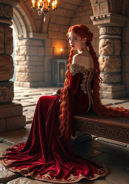 (masterpiece), (ultra realistic), (8k, cinematic lighting), (ambient_occlusion), (volumetric shadows), (rim lighting), ((exceptionally beautiful red-haired woman)), 22 years old, fair skin, soft hourglass figure, long red curls pinned up in a braided crown, wearing an opulent crimson velvet gown with gold embroidery and a full skirt pooling around her feet, sitting gracefully on a carved wooden bench in a stone chamber lit by candlelight, arched stone walls and chandelier above, serene expression, candle glow highlighting the folds of her gown
