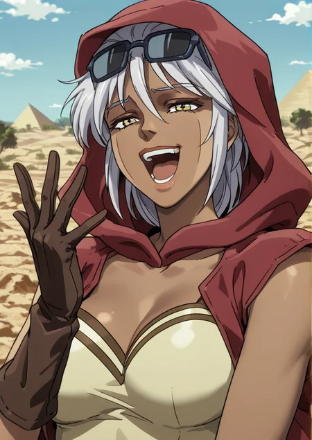 upper body, M4r1ah, mariah, solo, white hair, sunglasses on head, yellow eyes, laughing, tanned skin, gloves, raised hand, red cloak, yellow top, blue sky, clouds, trees, sand dunes, pyramids. a wall with a power socket <lora:Mariah_-_IL:0.8>,
