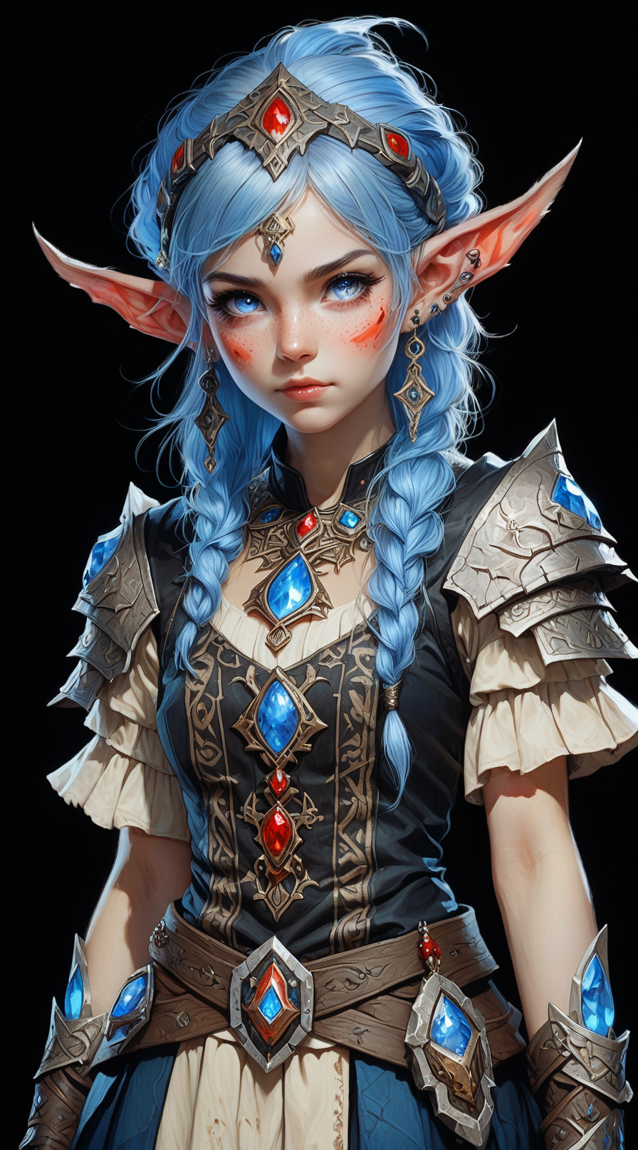 fantasy painting, masterwork, highly detailed, soft shading, (full body portrait:1.5), (black background):1.5, (looking at viewer), adult female, beige skin, gnome, thin neck, fitting outfit, blue eyes, sky blue loose hair, demonic decorations, runic earrings, bloody skin, damaged paladin clothing, lfekardpnxl, <lora:Pony\MatureFemaleSDXL-LoCon.safetensors:0.4>,<lora:Pony\detailed_notrigger.safetensors:0.6>, rating_safe