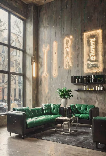 ((a beautiful woman in a Hair Salon, green and dark brown color Palette, urban city  window view)), 
bust shot, close-up lips, 
modern interior design, cyberpunk, 
Recliner|Dressing table|Table lamp|Screen|Monitor|Signboard_Details,
Metal|Glass|Leather|Textiles|Carpet|Pillow_Texture,
perfect blonde hair, 
(modern photo, fashion dress up:1.1), 24mm, (analog, cinematic, film grain, hazy atmosphere, detailed eyes, (seductive), (epicPhoto), (looking at viewer), (cinematic shot:1.3),
ac_neg1, great lighting, extremely detailed, happy, Hair Salon, impressionist painting, zoya