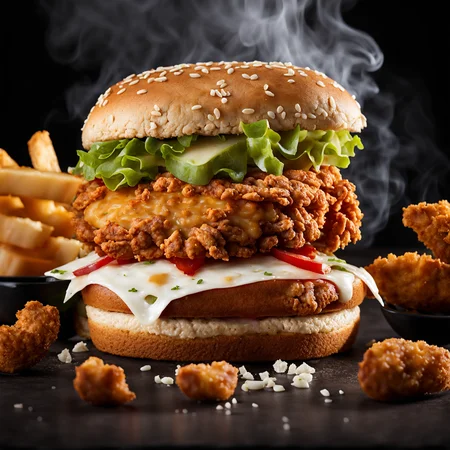 kfc chicken burger, dark background, quality photo, fried chicken, studio photo, smoke